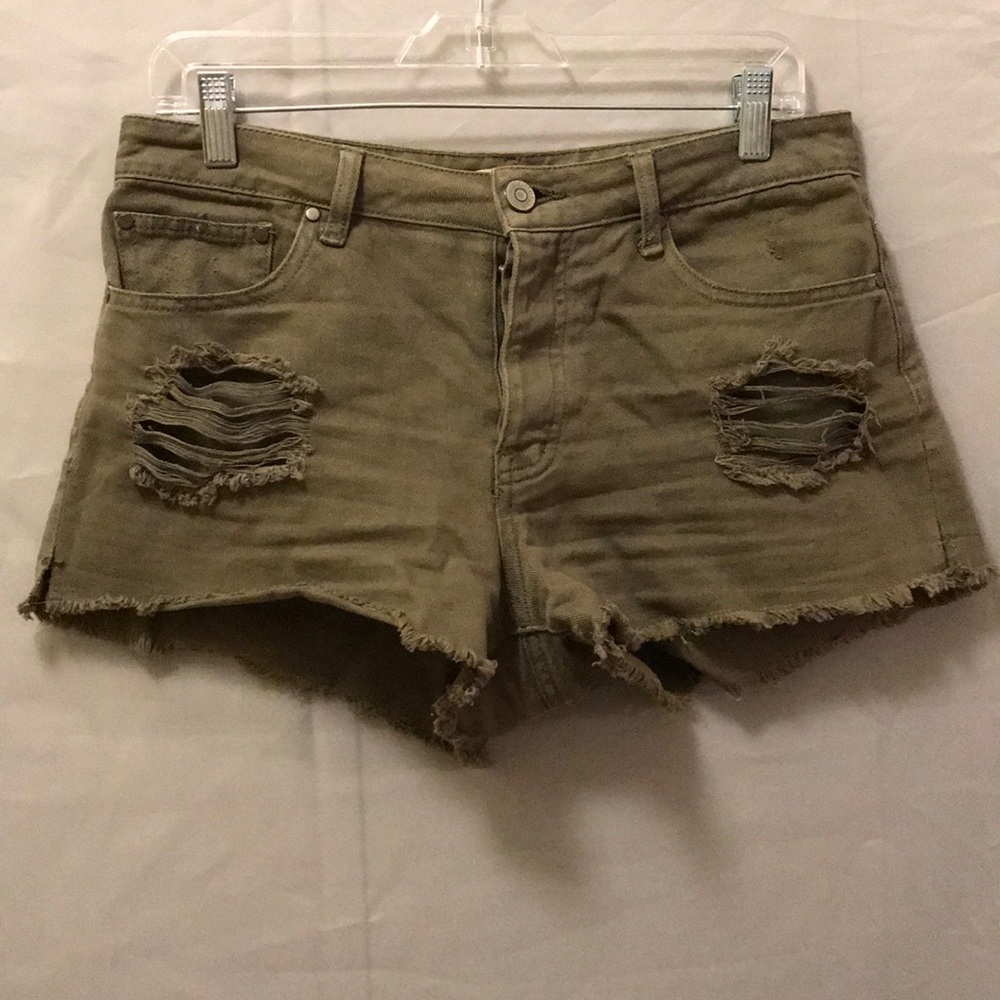 Distressed army green shorts